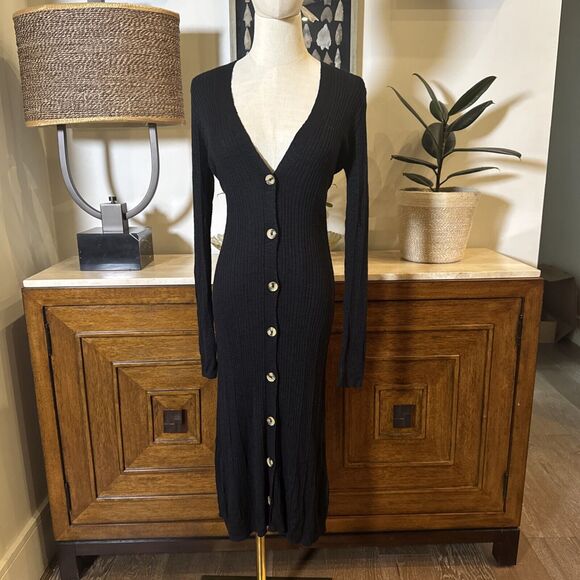 New Free People Date Night Long Sweater Dress Size Small Black Ribbed Buttons - Picture 2 of 13